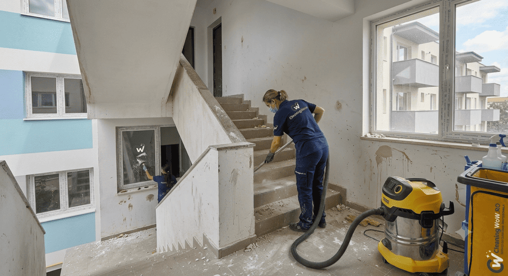 Echipa CleaningWoW efectuează curățenie pe scara blocului după reabilitare cu aspirator industrial și raclete speciale